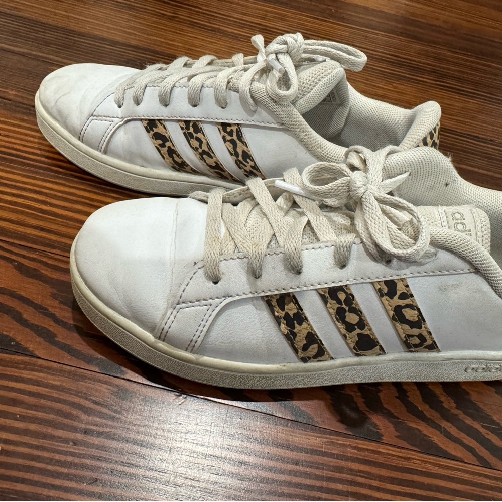 Adidas White Sneakers with Leopard Print Stripes